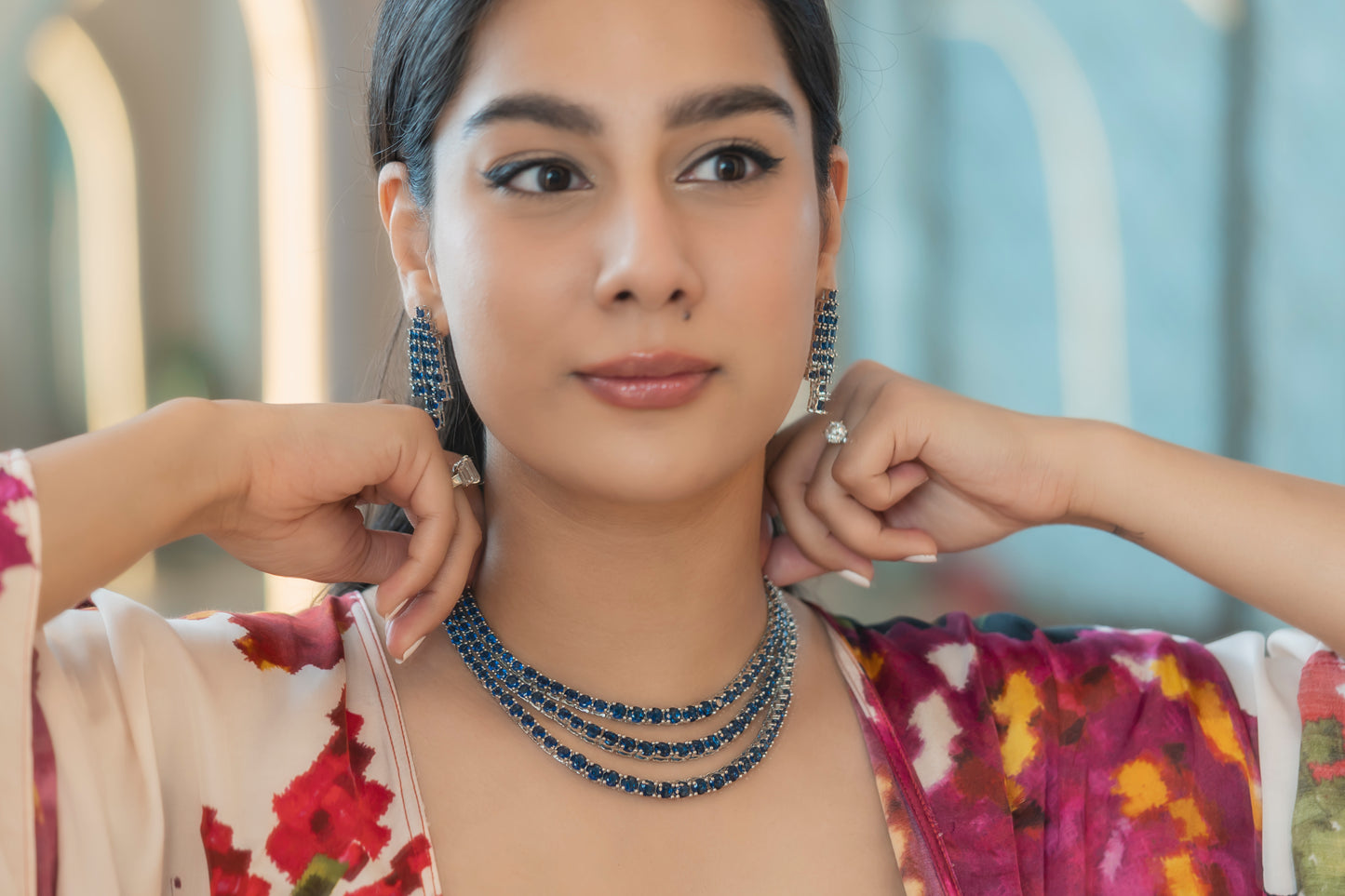 Layered Chandelier Necklace and Earrings (Green and Blue)