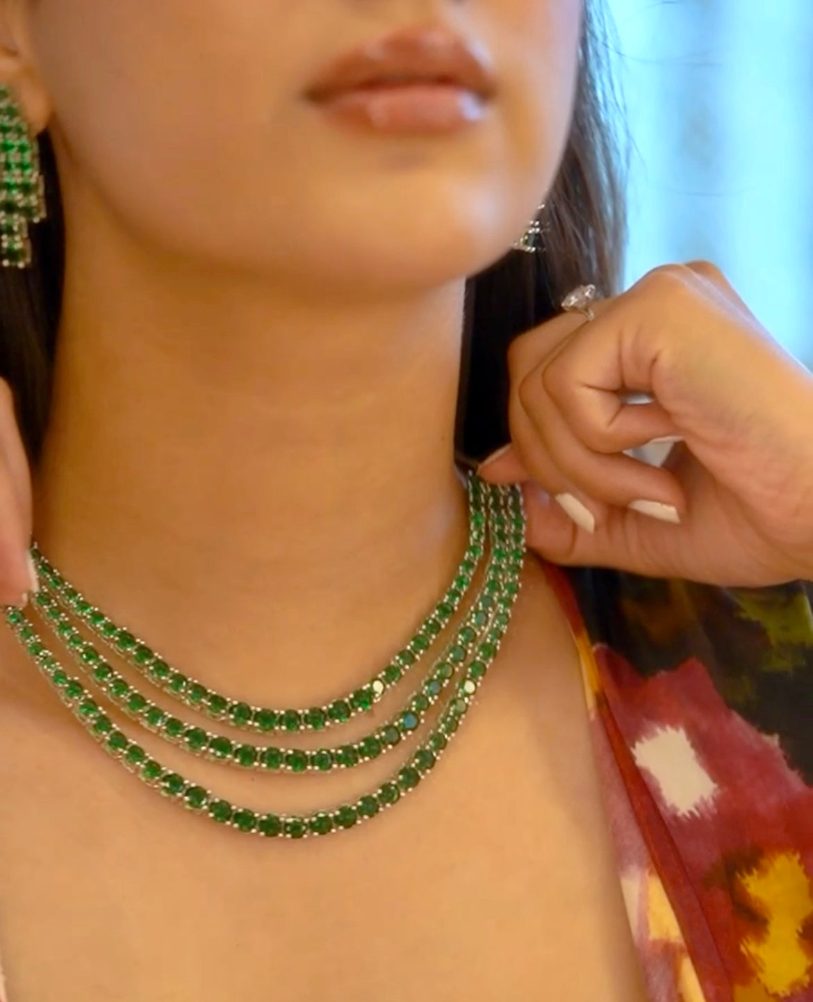 Layered Chandelier Necklace and Earrings (Green and Blue)