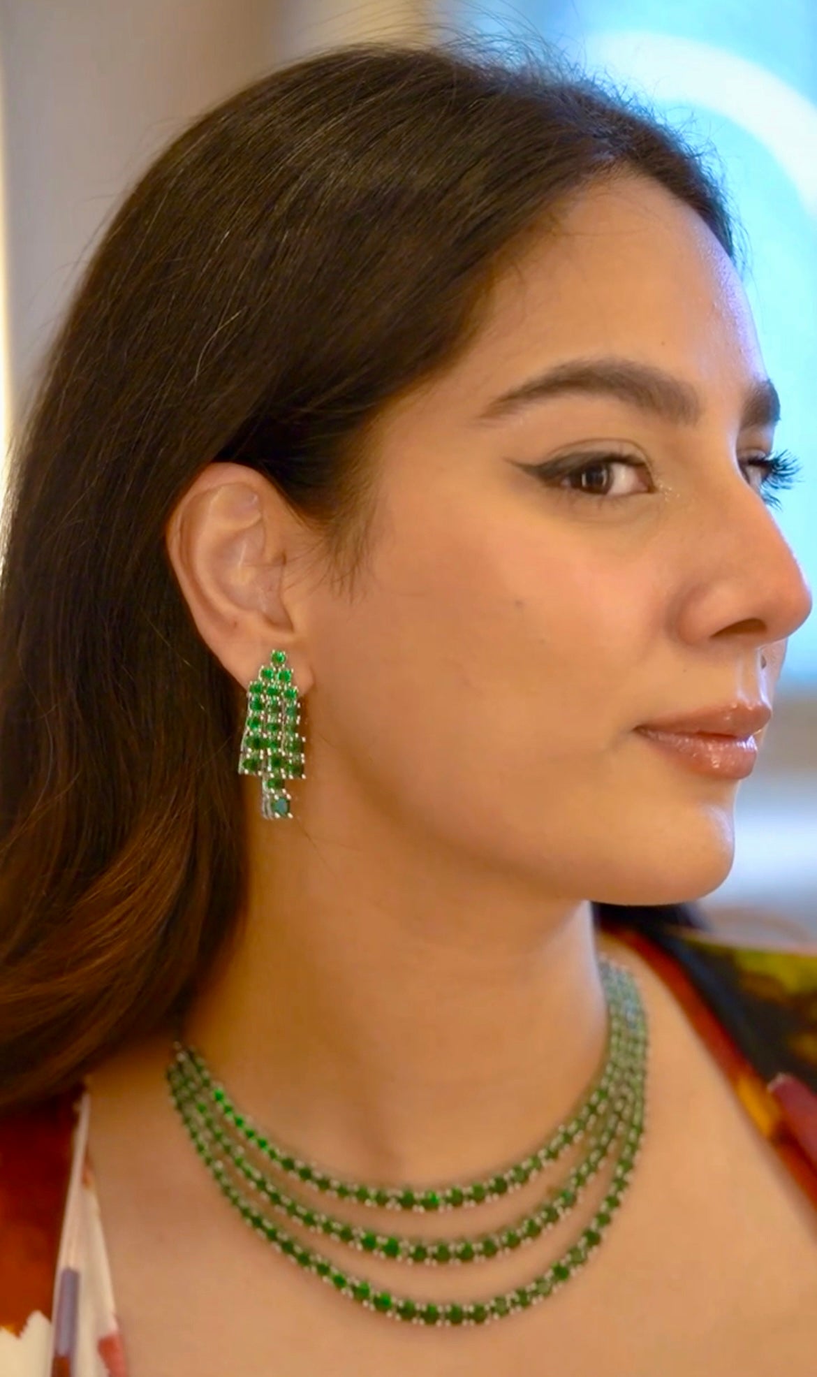 Layered Chandelier Necklace and Earrings (Green and Blue)