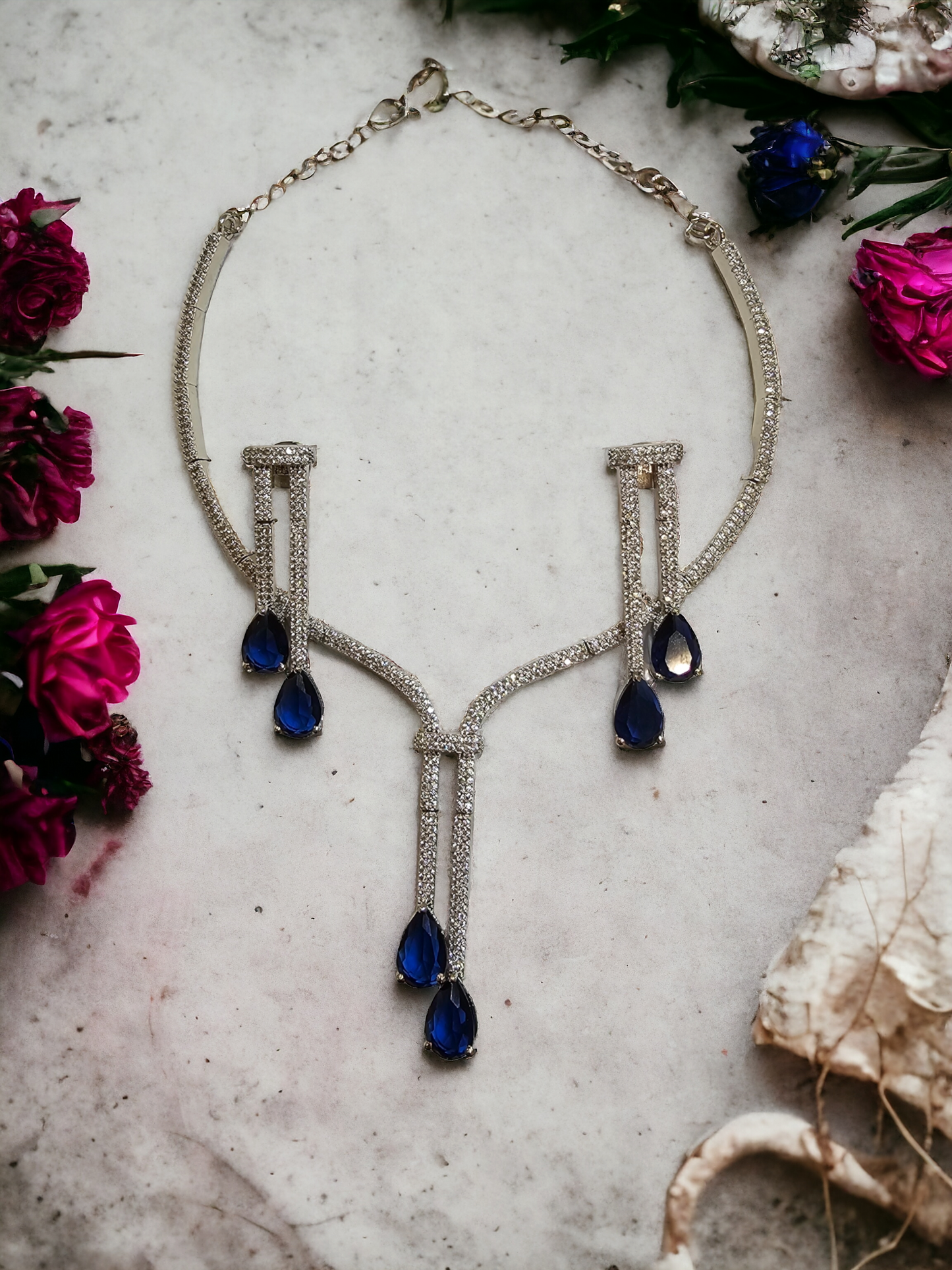 Elegant diamond chord necklace with earrings